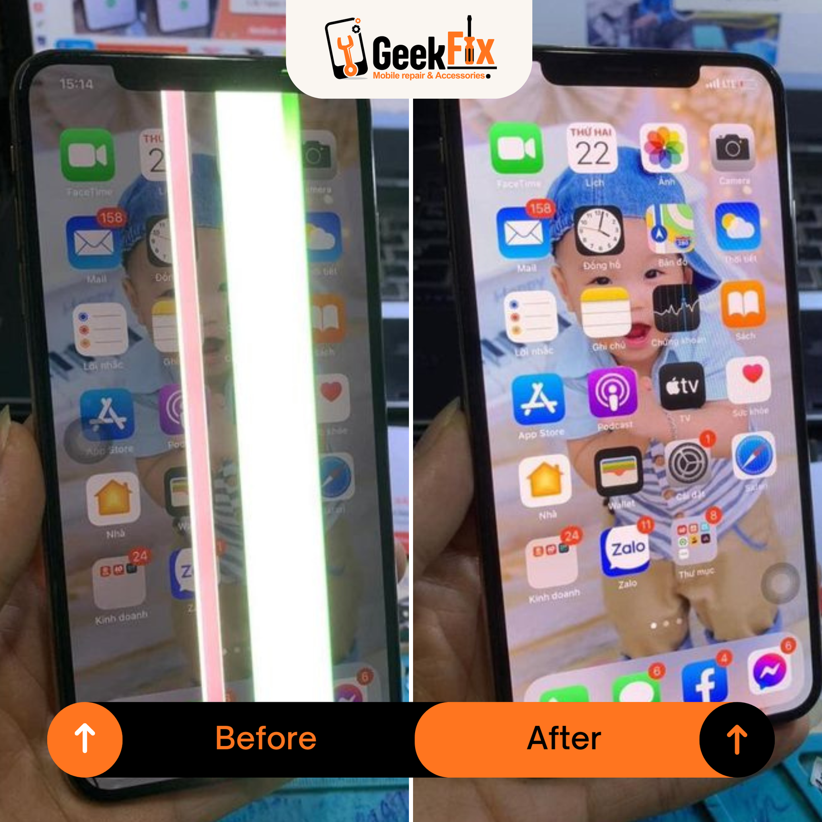 Cracked phone screen before and after repair